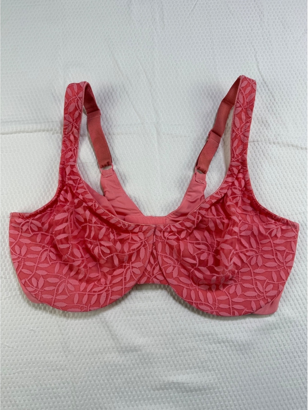 Olga 35519 Sheer Leaves Minimizer Underwire Bra Coral Pink 42D